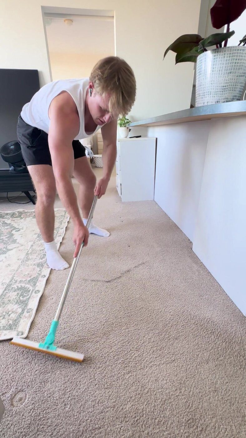 Bailey running the rake across a clean-looking rug — before the hidden hair surfaces.