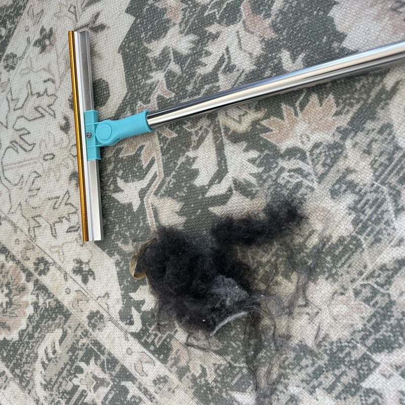 Top-down view: a black hair clump sitting next to the carpet rake on a patterned Persian rug after a single pass.
